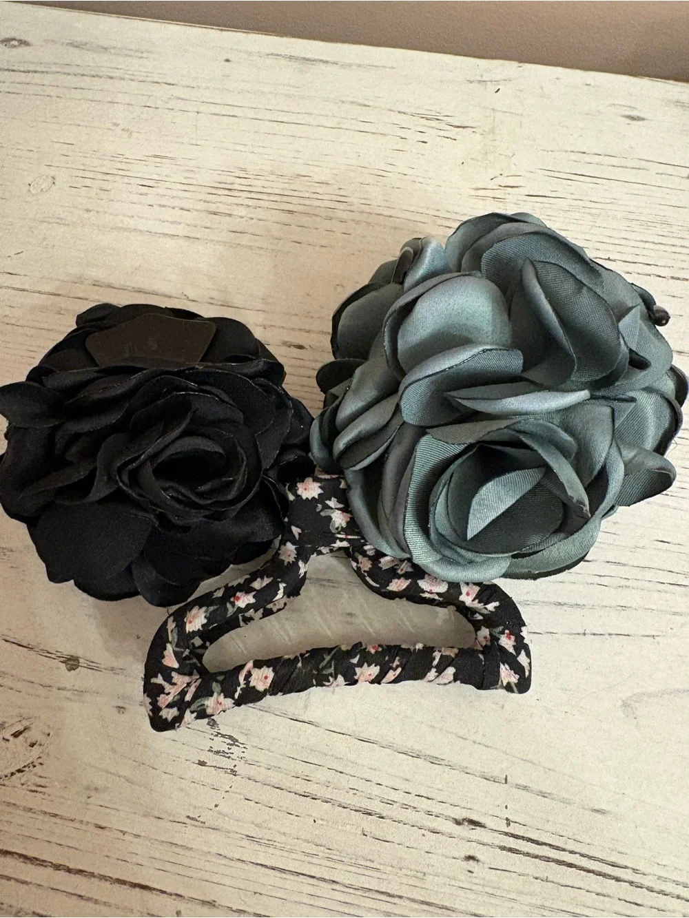 Anthropologie Satin Floral Hair Clips in Black and Sage